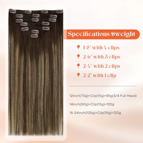 Sunny Hair Clip in Hair Extensions Straight Human Hair Clip in Extensions Remy Clip in Hair Extensions Real Human Hair Extensions Clip ins Balayage Chocolate Brown Ombre Caramel Blonde 20inch