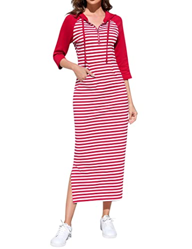 Image of MISSKY Women Casual Pocket Quarter-Zip Neck 3 /4 Sleeve Slim Split Pullover Hoodie Maxi Dress