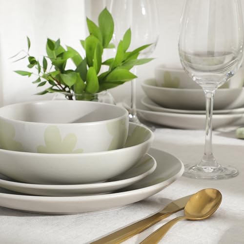 Image of Gibson Home Admiral Hall Plates and Bowls Set, 16-Piece Floral Dinnerware Set, Green Stoneware Dish Set, Dinner Plates, Salad Plates, Pasta Bowls & Cereal Bowls