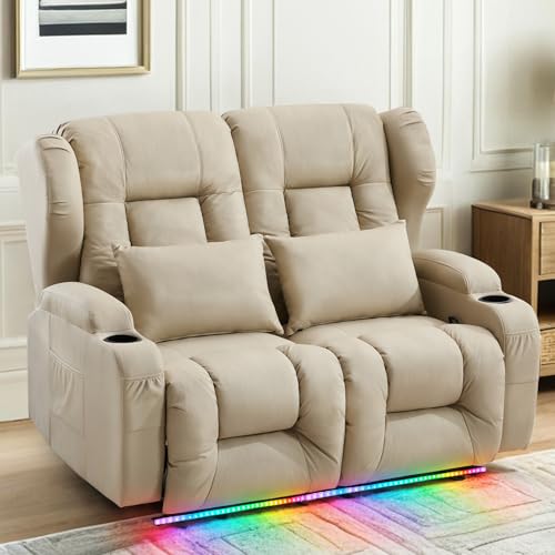 Image of Loveseat Recliner Sofa with DIY LED Lights,RV Wall Hugger Recliners for Small Spaces,Fabric Reclining Loveseat Sofa Recliner with Cup Holders /Lumbar Pillows,RV Furniture,Beige,56 inch 2-Seater with Light