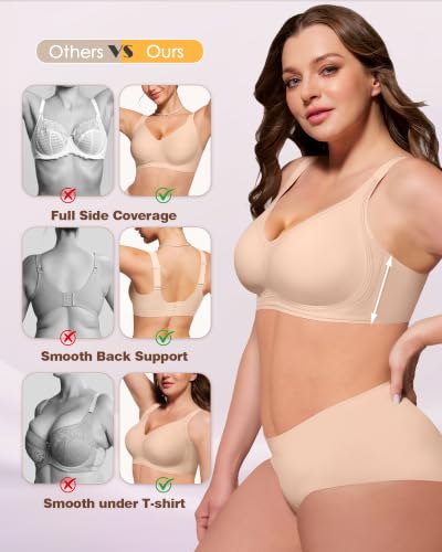 HORISUN Supportive Bras for Women Full Coverage No Underwire Bra for Large Breasts Wireless Comfortable T-Shirt Bra (Cream Skin 42D) — view 4