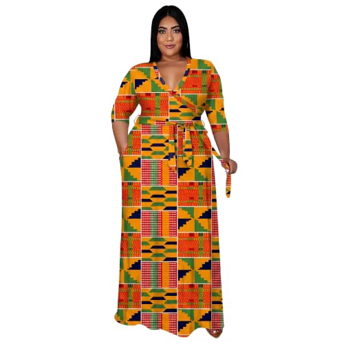 Image of Nmoder Plus Size Maxi Dress for Women - Summer Casual 3 /4 Sleeve Floral Flowy Long Dress with Belt XL- 6XL