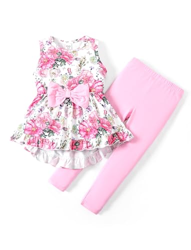 PATPAT Girls Clothes Size 7-8 Years Pink Floral Print Long Tunic Tops with Bowknot and Pink Leggings 2 Piece Outfits Ruffle Pleated Tank Tops Pants Clothing Sets Girl Clothes Size 7-8