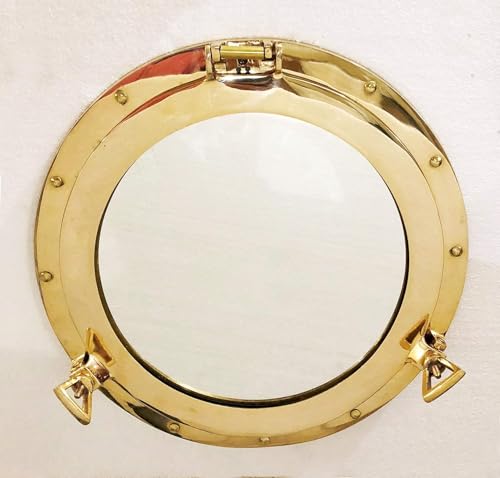 Image of 12 inch Brass Porthole Gold Finish Wall Hanging Port Mirror Ship Porthole Decor