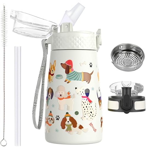 350ml/12oz Borraccia per Bambini in Acciaio Inossidabile con Cannuccia per Scuola con 2 Diversi Coperchi Bottiglie d'acqua Isolate Sottovuoto in Metallo Fiaschetta per Bevande Fredde Calde Senza BPA