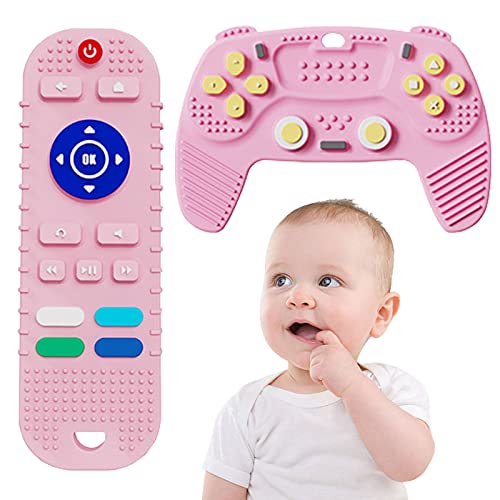 2PCS Silicone Baby Teething Toys Remote Control, Remote Control & Game Controller Silicone Teething Toy (Pink)