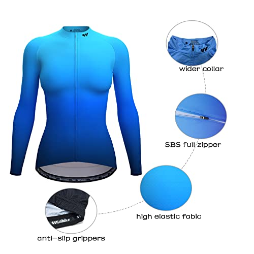 Wulibike Camisa de ciclismo feminina, de manga comprida, respirável, para ciclismo, com 3 bolsos, Az