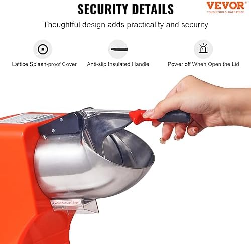 VEVOR Ice Crushers Machine, 220lbs Per Hour Electric Snow Cone Maker with 4 Blades, Stainless Steel Shaved Ice Machine with Cover and Bowl, 300W Ice Shaver Machine for Home and Commercial Use, Orange