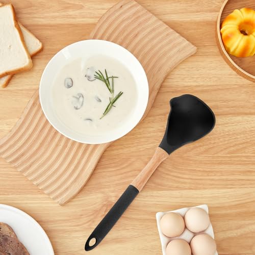Gaixvny Kitchen Utensils Set - 7 PCS Non-Stick Silicone Cooking Utensils Set Spatula Set with Holder, Wooden Handle Spoon,Tongs,Whisk Kitchen Gadgets Tools Set for Nonstick Cookware (Black-7Max) by Gaixvny - Used condition - Image 8