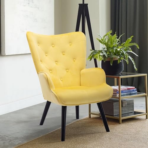 Image of Velvet Wingback Accent Chair for Living Room | Luxury High Back Tufted Armchair with Glossy Metal Legs | Modern Velvet Upholstered Lounge Chair for Home & Office | 1 Pc (Yellow)