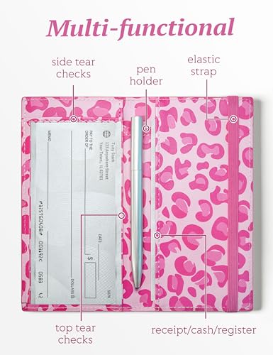 Image of Yarnic Checkbook for Personal Checkbook Holder (Pink Leopard) | Check Book Covers with Pen Holder & Built-in Clear Plastic Divider for Duplicate Checks