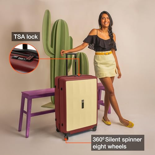 Image of Nasher Miles Zanzibar TSA Lock Hard-Sided Polycarbonate 8 Wheels Double Spinner Check-in Luggage Yellow Maroon 24 inch |65cm Trolley Bag| Suitcase,Medium