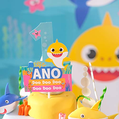 Kit Topo De Bolo Espeto 1 Ano No Tema Baby Shark - Tamanho 20x9cm C/ 01 Unidades - Cromus Festas Cro