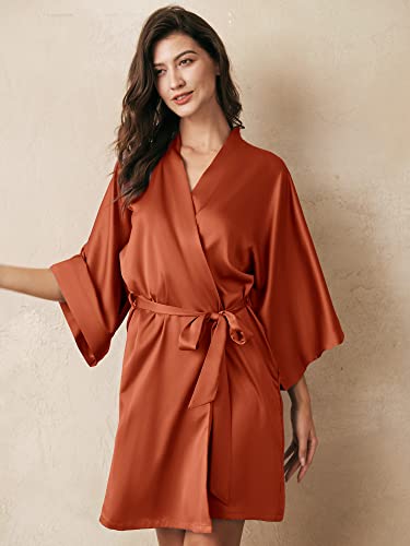 Aw Bridal Satin Kimono Robe Burant Orange Silk Robes For Women Bridesmaids, Bride Party Robes With V-Neck For Wedding Day, L #TOP1