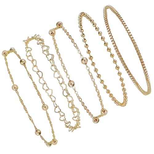 AYNKH Juego de 5 pulseras de oro para mujeres y niñas, chapadas en oro de 16 quilates, pulseras apiladas, eslabones de cadena, encantador juego de pulseras, joyería para mujer, talla única, 100%