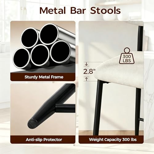 Image of AQO Counter Height Bar Stools Set of 2, Upholstered Counter Stools Modern Barstools with Metal Legs for Kitchen Island Dining Room, Black