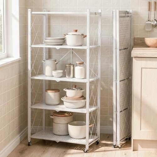 5-Tier Multipurpose Foldable Kitchen Storage Rack with Wheels | P...