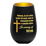 Teelicht-Halter aus Kristall mit personalisiert Gravur - Motiv: Kreuz mit Spruch - Farbe schwarz-Gold - runde Form - Windlicht, Kerzenhalter - robust - LED-Licht - Trauer, Gedenken, Andenken
