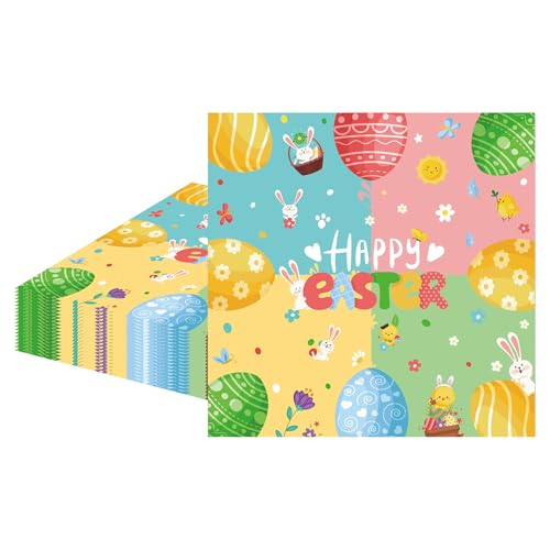 MORAINJAY 20Pcs Easter Napkins,Multicolor Eggs Cute Rabbit Happy Easter Paper Napkin,6.5inch Party Luncheon Tissue Table Decorations for Spring Party Supplies