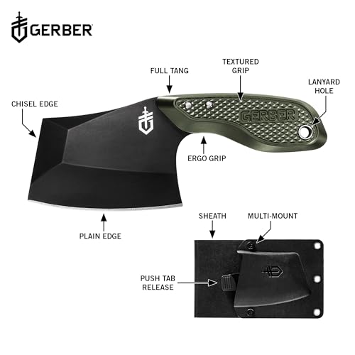 Gerber Gear TRI-Tip Mini Cleaver Fixed Blade Camping Knife with Molle Sheath for Survival and Bushcrafting, Green