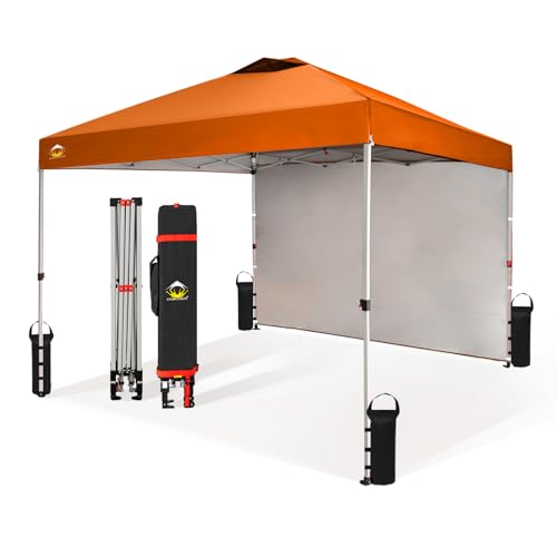 CROWN SHADES 10x10 Pop Up Canopy with 1 Side Wall - Beach Tent with One Push Setup - Outdoor Sun Shade for Events, Parties, Camping - Gazebo with STO-N-Go Cover Bag (Orange)