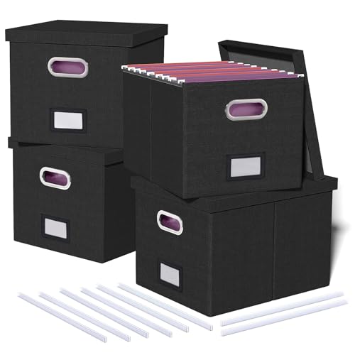 4 Pack File Storage Organizer, Document Organizer, Portable File Box with Lid, Fit for Letter/Legal File Folder Storage,Black-Box only Black 4 pack
