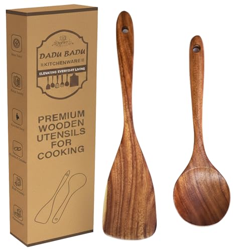 DADU BADU 2 Piece Teak Wood Utensil Set Flat Spatula & Serving Spoon for Nonstick Cookware, Heat Resistant, Non Toxic Wooden Cooking Tools, Smooth Edges, Minimalist Kitchen Gift