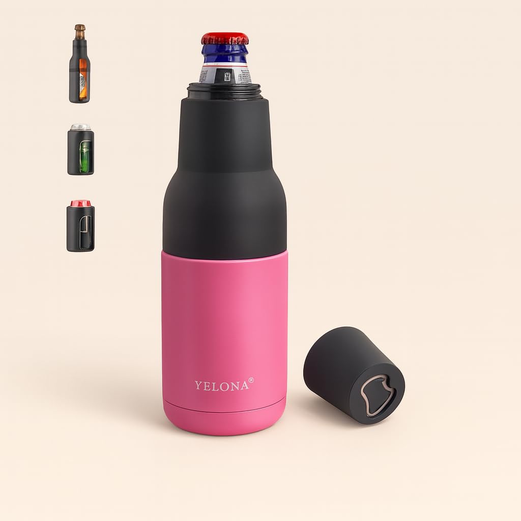 Frosty Beer Bottle/Can Cooler with Built-in Bottle Opener | Insulated Stainless Steel Cooler for 330ml & 500ml Cans & 330ml Pints | Keep Drinks Ice-Cold | Hot Pink-image-1