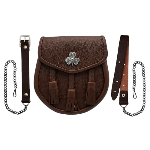 Image of Scottish Original Leather Sporran with Leather Belt & Chain (Brown Leather Shamrock Flower Sporran)