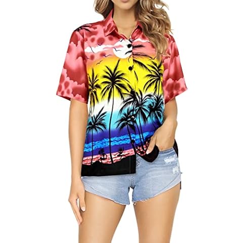 Camisa diaria de playa LA LEELA Hawaii Casual Botón para Mujer Regular Wear Short Sleeve Down Aloha Blood Rojo_W960 XXL Cover