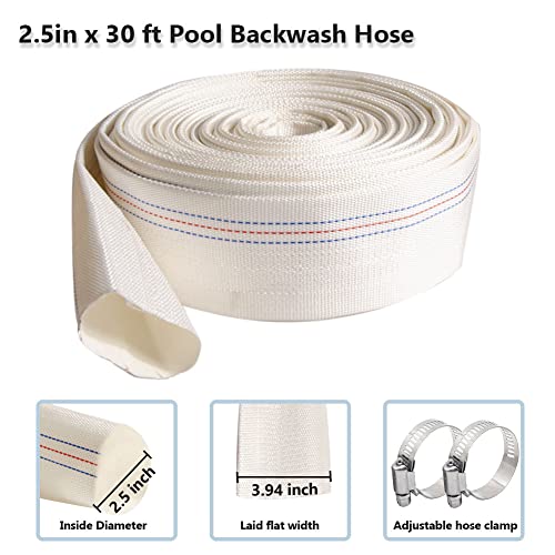QuQuyi 2.5" x 30 FT Heavy Duty Reinforced PVC Swimming Pool Backwash Hose, General Purpose Lay-Flat Water Discharge pipe for Water Transfer Applications, White