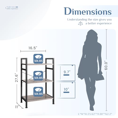 Image of DUMOS 3 Tiers Open Bookshelf, Classic Freestanding Tall Display Shelf, Multifunctional Storage Organizer Rack for Living Room Home Office, Sturdy Bookcase for CDs /Books /Movies, Wood Grey