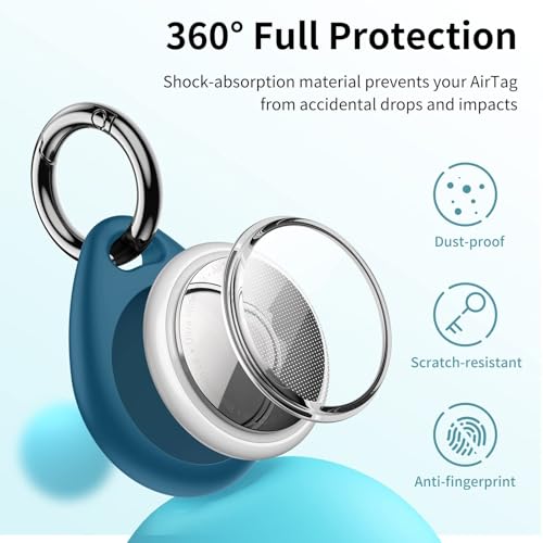 Image of UNBREAKcable Holder for Apple AirTag - 4 Pack [Fit Tightly Design] [Easy to Install] [Hold Air Tag Securely] Waterproof TPU Shell Protective Case with All Metal Keychain Key Ring Clip (Brown&Blue)