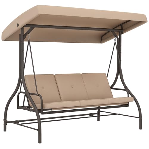 Outsunny Balancelle de Jardin Convertible 3 Places Grand Confort avec Coussins Toit réglable dim. 197L x 120l x 180H cm métal Polyester Kaki