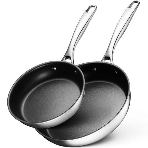 Legend Cookware SuperStainless Non-Stick Skillets – 5-Ply Stainless Steel + Aluminum – 2-Ply PFOA-Free Non-Stick – All Cooking Surfaces + Oven – Lids Sold Separately – 1 ea. 8″ & 10″ Fry Pans