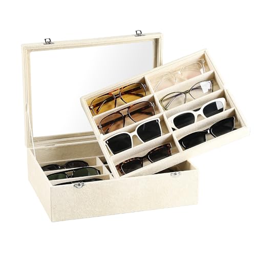 Frebeauty 16 Slots Sunglasses Organizer 2 Layer Velvet Sunglasses Tray with Glass Lid Multiple Pairs Sunglass Display Case for Man or Woman 13.7 * 10.25 * 4.1 Inches Eyeglass/Eyewear Box (Beige)