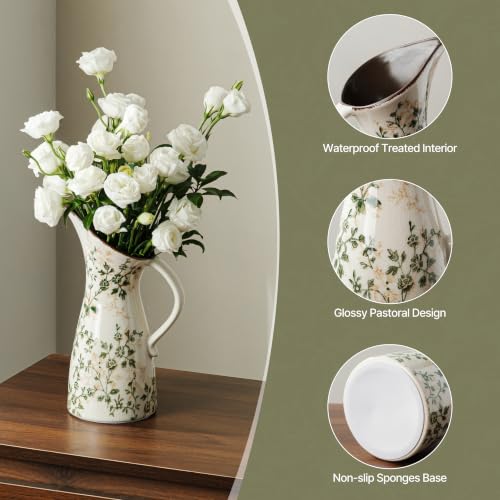 Image of Ceramic Flower Vase | Green Rustic Farmhouse Pitcher Vase for Home Decor, Vintage Floral Tuscan Vase for Living Room & Kitchen, Mantel & Bookshelf, Centerpieces, Entryway, Wedding(10.5 Inch)
