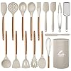 MIBOTE 17 Pcs Silicone Cooking Kitchen Utensils Set with Holder, Wooden Handles BPA Free Non Toxic Silicone Turner Tongs Spatula Spoon Kitchen Gadgets Utensil Set for Nonstick Cookware (Khaki)