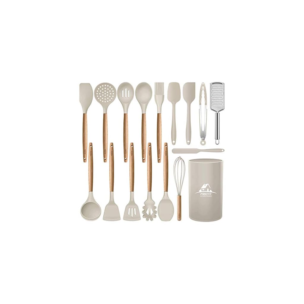 MIBOTE-17-Pcs-Silicone-Cooking-Kitchen-Utensils-Set-with-Holder-Wooden-Handles-BPA-Free-Non-Toxic-Silicone-Turner-Tongs-Spatula-Spoon-Kitchen-Gadgets-Utensil-Set-for-Nonstick-Cookware-Khaki