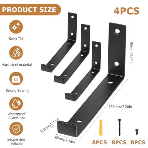 4 Pcs Scaffold Board Shelf Brackets Heavy Duty Shelf Brackets for Shelving Bracket Black Industrial Rustic Metal Wall Brackets with Lips for Scaffold Boards(187 mm/7.36 inch) - Image 2