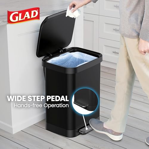 Image of Glad Stainless Steel Step Trash Can, Series 2 with Clorox Protection - Large Black Kitchen Garbage Bin with Soft Close Lid, Foot Pedal and Waste Bag Roll Holder, 13 Gallon