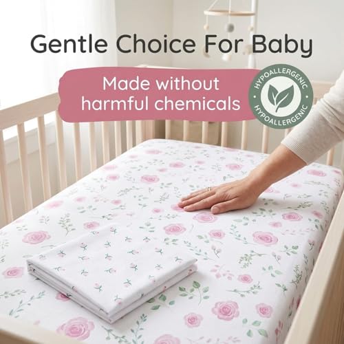 Image of EVERYDAY KIDS 2 Pack Fitted Girls Crib Sheet, 100% Soft Breathable Microfiber Baby Sheet, Fits Standard Size Crib Mattress 28in x 52in, White and Pink Nursery Sheets with Flowers, Roses and Rosebuds