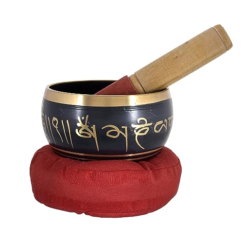 Tibetan Singing Bowl Set - Chakra-Schüssel mit antikem Design, Holzklatsche und rotem Kissen für Yoga-Meditation, Achtsamkeit und Entspannung
