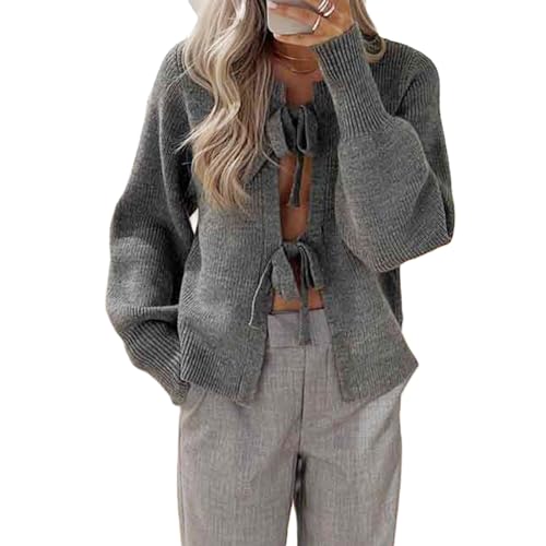 Image of Y2k Girls Tie Front Knitwear Cardigan Top Women Long Sleeve Open Front Knitted Crop Cardigan Sweater Streetwear