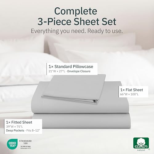 Image of Super Soft 100% Cotton Twin Size Bed Sheets, 3 Pc Set, Light Grey