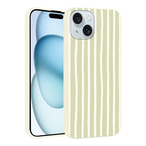 Yirlbey Estivi Cover per iPhone 15 6,1'', Custodia Verde Bianco Stripes Striped Disegno Motivo Aesthetic Summer per Ragazza Antiurto Off-white Silicone Morbido TPU Cellulare Protezione Case, Righe