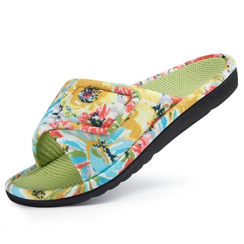 Image of shevalues Summer House Slippers for Women with Arch Support Breathable Waffle Cotton Indoor Slippers Slip on Open Toe Home Shoes, Lime Green 40