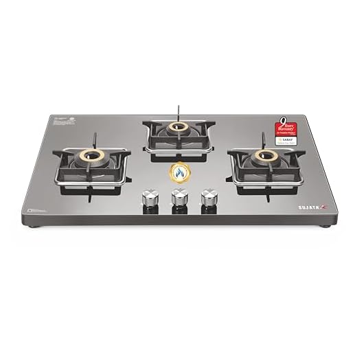 Sujata Premium Gas Stove Auto Ignition | 9 Years Warranty | Gas Stove 3 Burners Glass Top, SABAF, ISI Certified, LPG & PNG Compatible, 360° Rotating Brass Gas Nozzle, Jumbo Brass Burner (Black)