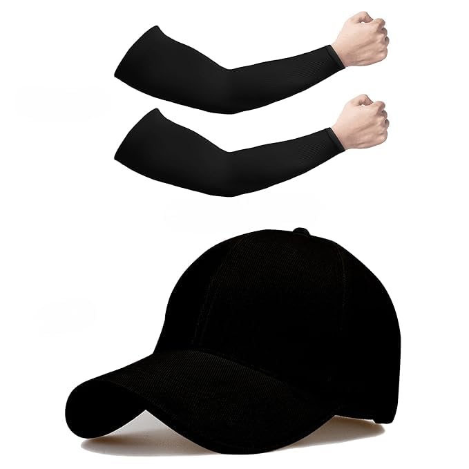 Black Baseball Cap with Arm Sleeves Combo, Cotton, Adjustable, Unisex, Sun Protection, Sports, Summer, Free Size-image-45