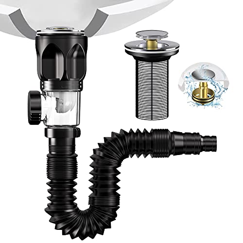 Bonde de Lavabo, Viafexna Kit de Vidange D'Évier De Salle de Bain, Siphon Lavabo Avec Tuyau de Vidange Flexible Rétractable en Pvc et Bouchon Lavabo Pop-Up,...